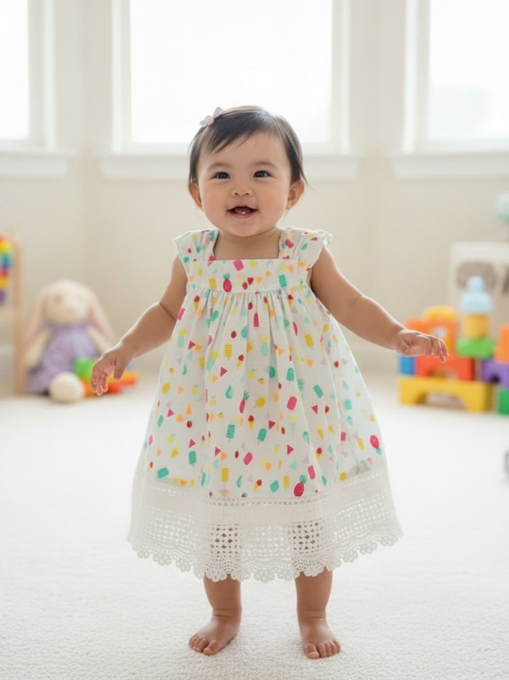 Catimini Baby Girl Fruit Print Crochet Trim Summer Dress 6M